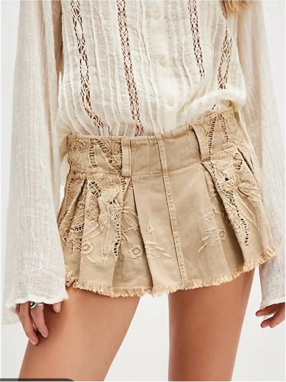 Free People Blaire Pleated Micro Mini Skort Embroidered Beige